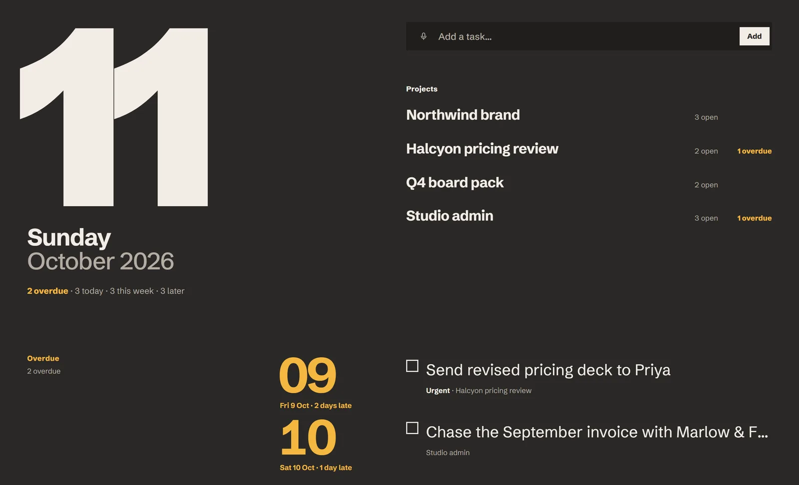 The Continuo home screen: today's date large, with two overdue tasks marked in amber