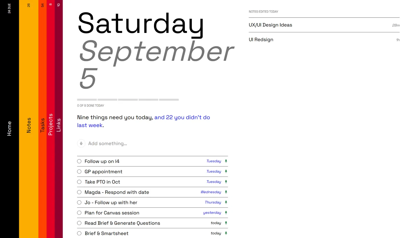 The Continuo home screen, showing the day's tasks