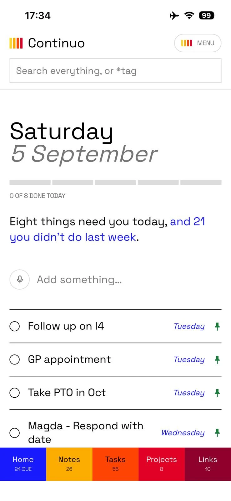 Continuo installed on a phone, showing the day's tasks